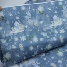 Сатин хлопок премиум "Новогодняя" коллекция - рисунок снеговики, веточки на синем