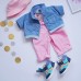 Набор тканей для одежды по курсу "Темины игрушки" (куртка джинсовая, комбинезон, панама) - пудра-синий